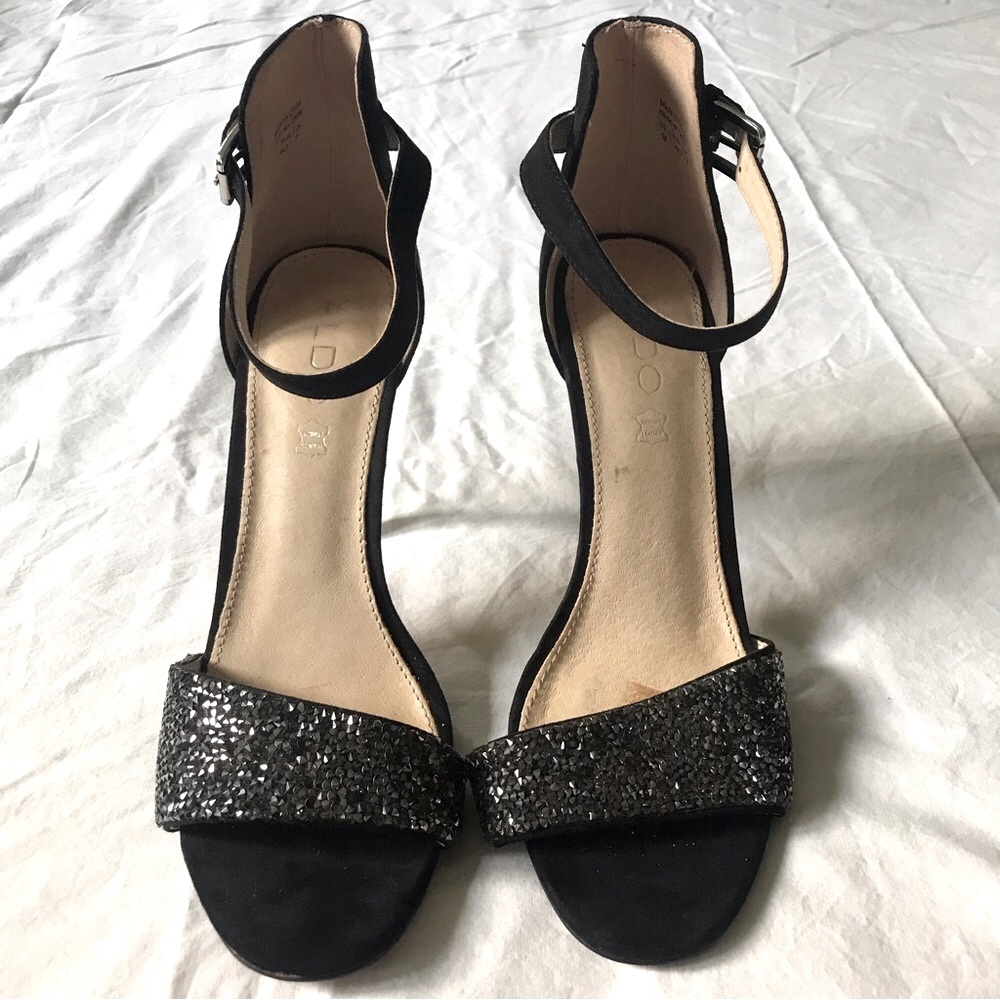 Aldo Black Suede Crystal Accents High Heels Genuine Leather Insoles Size 40 EU